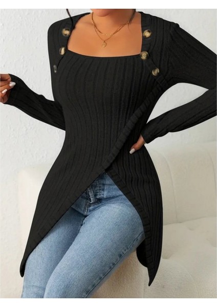 Kadın Uzun Kollu Derin Kare Yaka Düğme Detay Şardonlu Kaşkorse Kruvaze Bluz