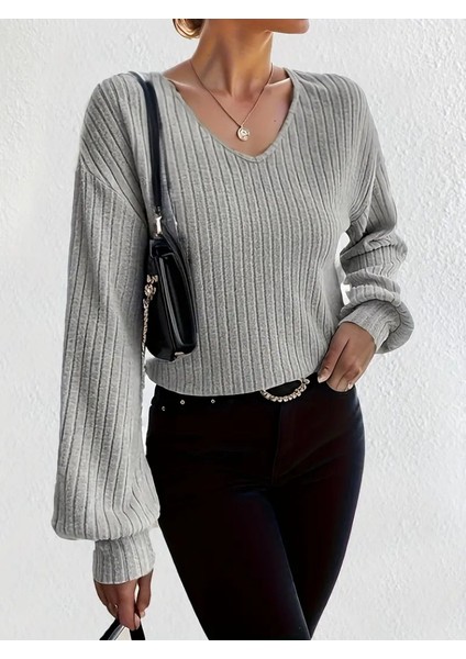 Kadın Uzun Kollu V Yakalı Salaş Şardonlu Kaşkorse Bluz fırsatları