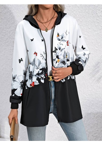 Kadın Uzun Kollu Kapşonlu Fermuarlı Çiçek-Kelebek Desenli Şardonlu Dalgıç Ceket