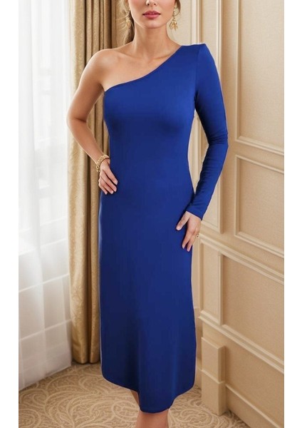 Kadın Uzun Kollu Tek Omuz Detay Krep Elbise