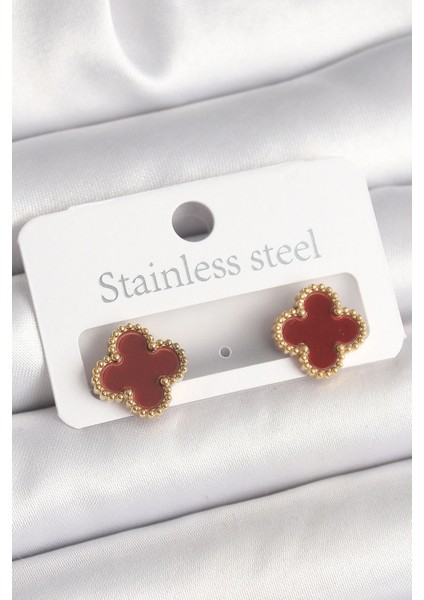 Pirinç Gold Renk Bordo Yonca Model Kadın Küpe - TJ-BKP10360