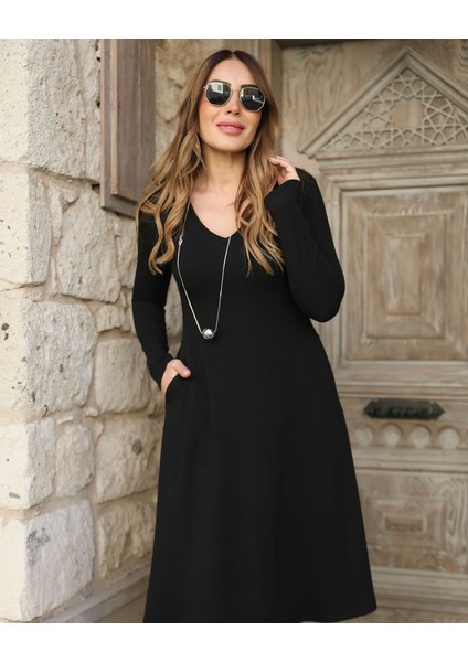 Kadın Uzun Kollu V Yakalı Salaş Midi Akrilik Elbise fiyatları
