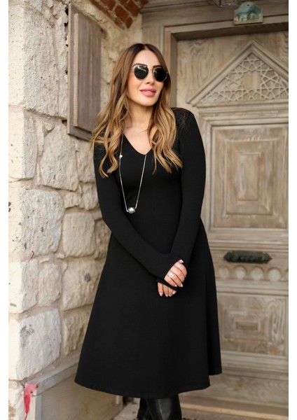 Kadın Uzun Kollu V Yakalı Salaş Midi Akrilik Elbise modelleri