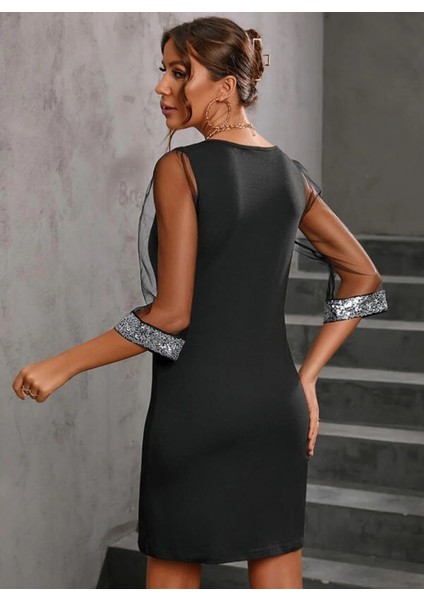 Kadın Uzun Kollu V Yaka ve Kol Ucu Pul Payet Krep Elbise fırsatları