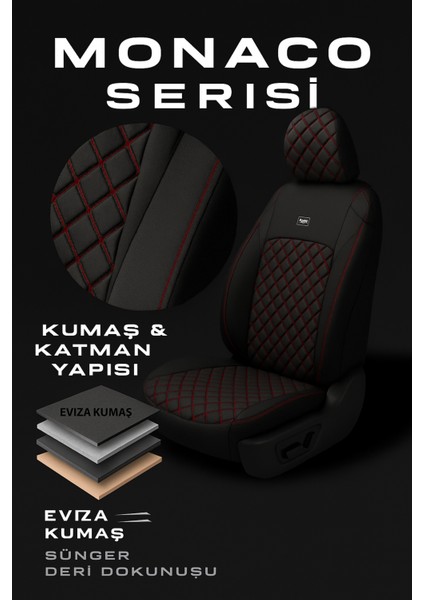 Renault Clio 2 1998-2004 3 Kapı – Ticari Araç 2+1 Uyumlu Monaco Serisi Eviza Koltuk Kılıfı – Siyah/kırmızı, Kolay Montaj modelleri