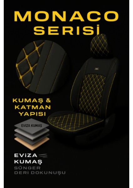 Opel Astra F 1991-1998 – Ticari Araç 2+1 Uyumlu Monaco Serisi Eviza Koltuk Kılıfı – Siyah/sarı, Kolay Montaj modelleri