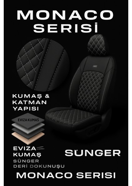 Renault Modus 2004-2012 5 Kapı – Ticari Araç 2+1 Uyumlu Monaco Serisi Eviza Koltuk Kılıfı – Siyah/beyaz, Kolay Montaj modelleri