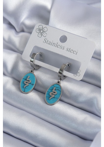 316L Çelik Gümüş Renk Oval Mavi Taşlı Yılan Figür Kadın Küpe - Lisinya