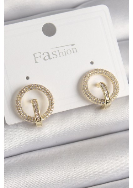 Pirinç Gold Renk Zirkon Taşlı Halka Model Kadın Küpe - Lisinya