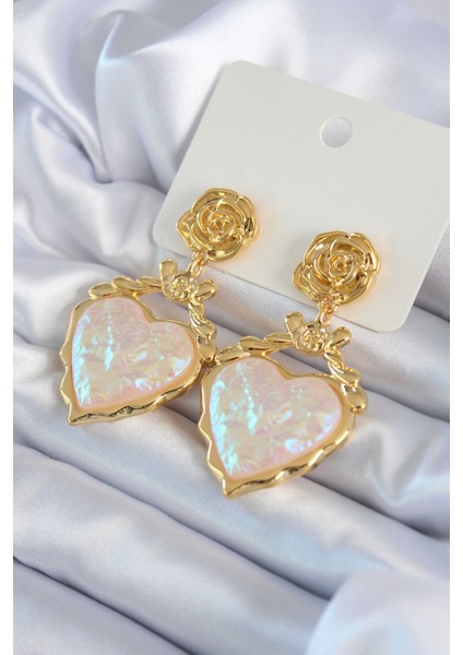 Gold Renk Gül Sallantı Kalp Model Pirinç Vip Kadın Küpe - Lisinya