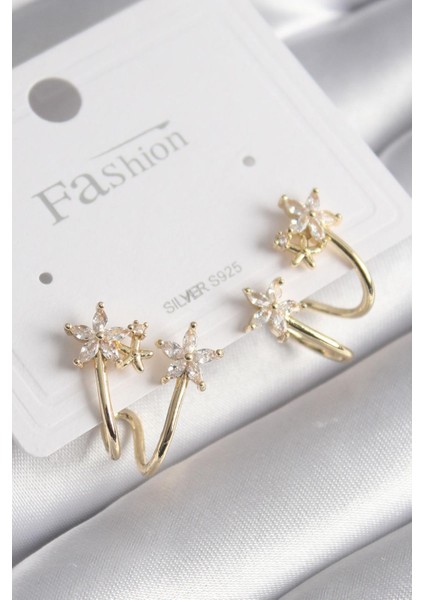 Pirinç Gold Renk Zirkon Taşlı Çiçek Model Kadın Küpe - Lisinya