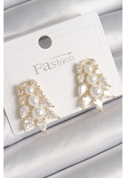 Pirinç Gold Renk Zirkon Taşlı Yaprak Model Inci Detay Kadın Küpe - Lisinya