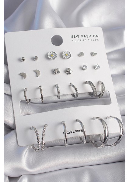 Pirinç Gümüş Renk Papatya Detaylı 12 Çift Kadın Küpe Seti - Lisinya