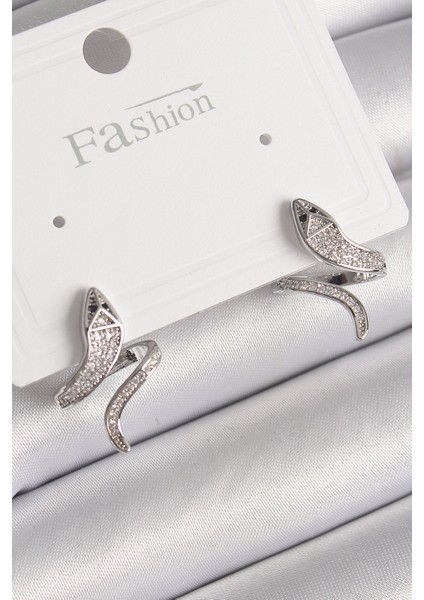 Pirinç Gümüş Renk Zirkon Taşlı Yılan Model Kadın Küpe - Lisinya