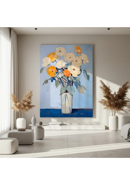 Modern Tarz Portakal ve Beyaz Çiçekler Tablosu fırsatları