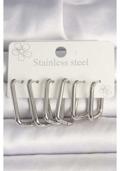 316L Çelik Gümüş Renk Kare Model Kadın Küpe Seti - Lisinya