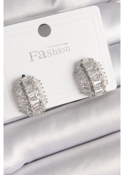 Pirinç Gümüş Renk Zirkon Taşlı Kaplumbağa Kabuğu Model Kadın Küpe - Lisinya