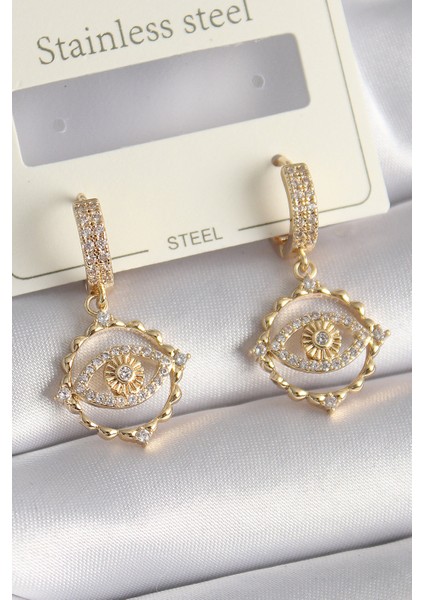 Pirinç Gold Renk Zirkon Taşlı Göz Model Kadın Küpe - Lisinya