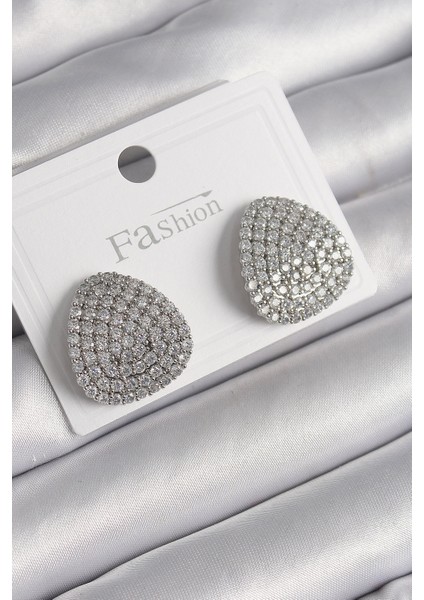 Pirinç Gümüş Renk Zirkon Taşlı Plaka Model Kadın Küpe - Lisinya