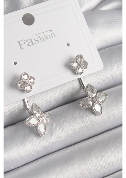 Pirinç Gümüş Renk Zirkon Taşlı Yonca Model Kadın Küpe - Lisinya