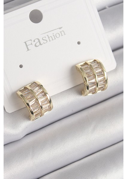 Pirinç Gold Renk Çift Sıra Zirkon Taşlı Kadın Küpe - Lisinya