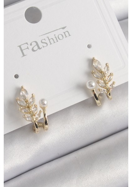 Pirinç Gold Renk Zirkon Taşlı Yaprak Model Inci Detay Küpe - Lisinya