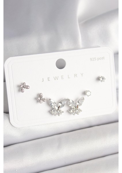 925 Ayar Gümüş Çivi Pirinç Zirkon Taşlı Kelebek Model Kadın Küpe Seti - Lisinya