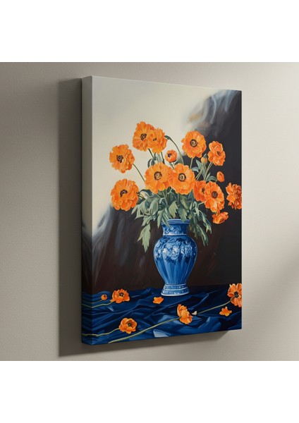 Çin Mavisi Vazoda Turuncu Haşhaş Çiçekleri Tablosu