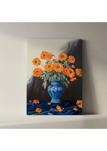 Çin Mavisi Vazoda Turuncu Haşhaş Çiçekleri Tablosu fiyatları