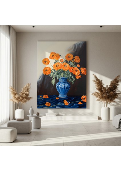 Çin Mavisi Vazoda Turuncu Haşhaş Çiçekleri Tablosu fırsatları