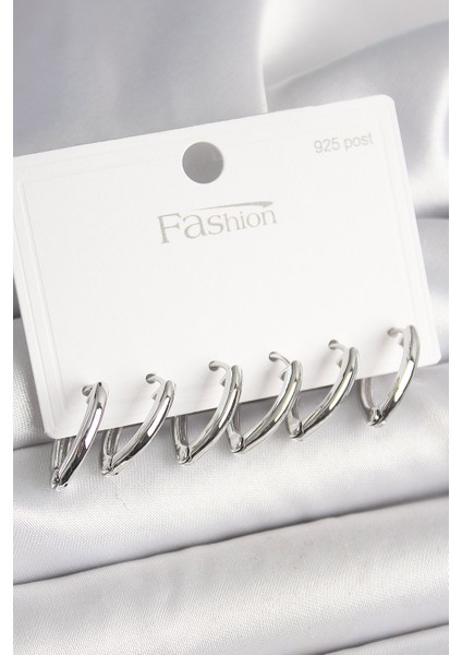 925 Ayar Gümüş Çivi Pirinç Gümüş Renk Üçgen Model Kadın Küpe Seti - Lisinya