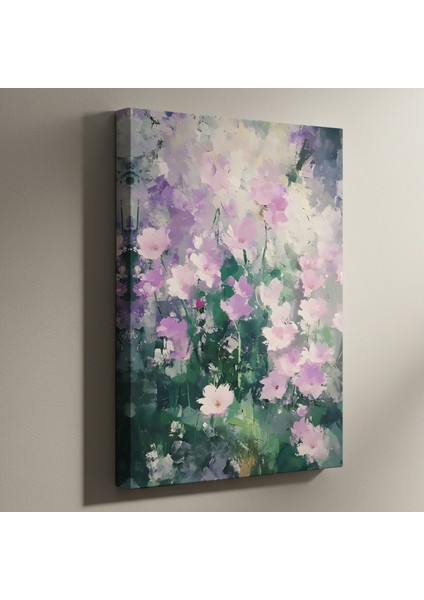 Lavanta ve Yeşil Tonlarda Soyut Çiçek Yağı Boya Tablosu