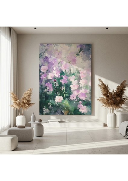 Lavanta ve Yeşil Tonlarda Soyut Çiçek Yağı Boya Tablosu fırsatları