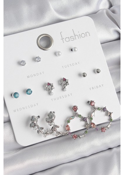 Pirinç Gümüş Renk Zirkon Taşlı Gül Figür Halka Model 7 Çift Kadın Küpe Seti - TJ-BKP10544