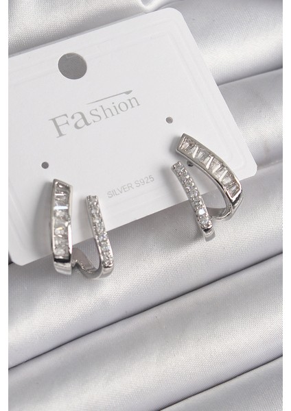 Pirinç Gümüş Renk Zirkon Taşlı Kadın Küpe - Lisinya