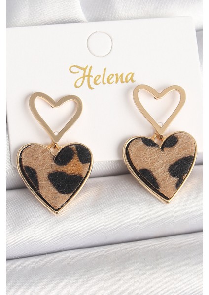 Pirinç Gold Renk Sallantı Leopar Kalp Model Kadın Küpe - Lisinya