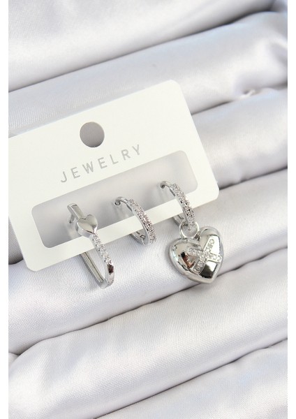 Pirinç Zirkon Taşlı Kalp Model Gümüş Renk 3'lü Çift Kadın Küpe Set - Lisinya