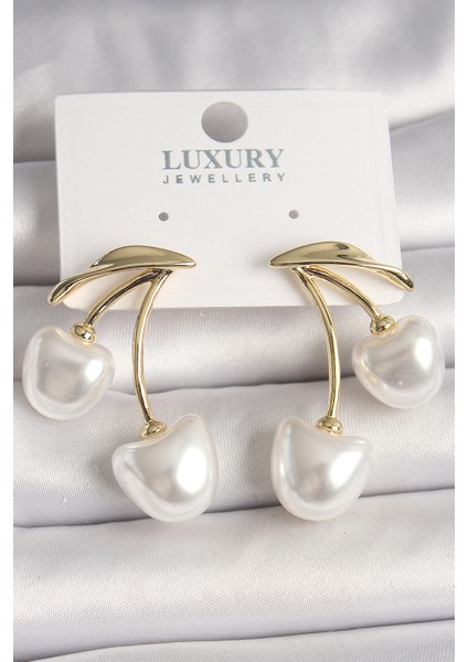 Pirinç Gold Renk Beyaz Inci Kiraz Model Kadın Küpe - Lisinya