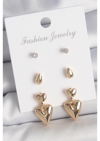 Pirinç Gold Renk Zirkon Taşlı Sallantılı Kalp Model 3 Çift Kadın Küpe Seti - Lisinya