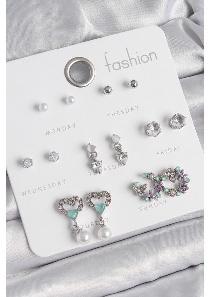 Pirinç Gümüş Renk Zirkon Taşlı Sallantılı Kalp Model Çiçek Detay 7 Çift Kadın Küpe Seti - TJ-BKP10546