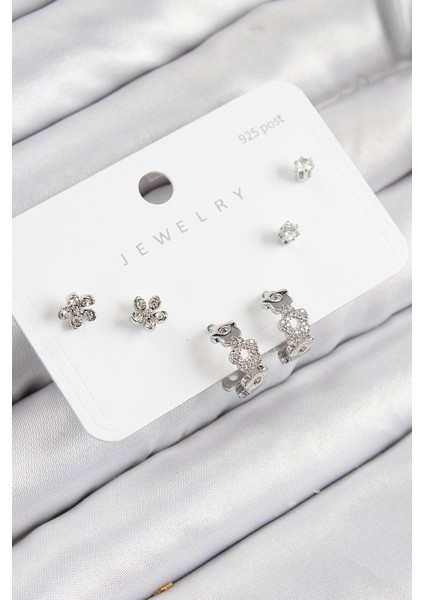 Pirinç Zirkon Taşlı Halka Model Gümüş Renk 925 Ayar Gümüş Çivi Kadın Küpe Set - Lisinya