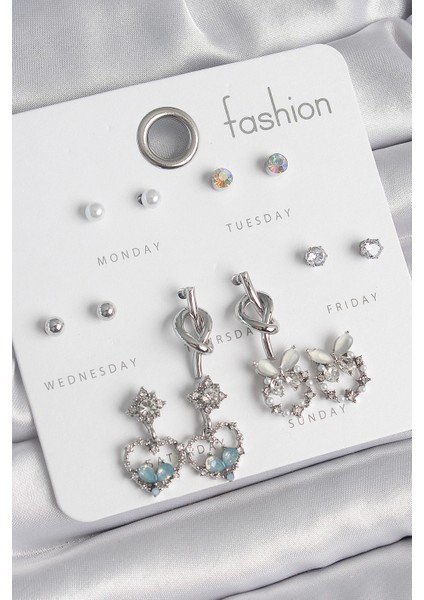 Pirinç Gümüş Renk Sallantı Zirkon Taşlı Kalp Model Düğüm Detay 7 Çift Kadın Küpe Seti - TJ-BKP10548