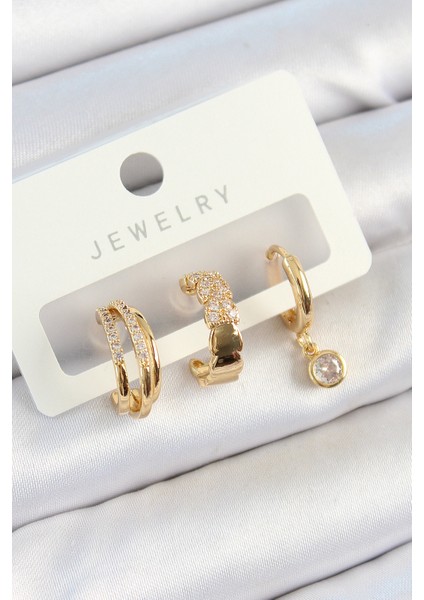 Pirinç Zirkon Taşlı Halka Model Gold Renk 3'lü Çift Kadın Küpe Set - Lisinya
