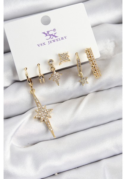 Pirinç Zirkon Taşlı Kutup Yıldızı Model Gold Renk 3'lü Çift Kadın Küpe - Lisinya