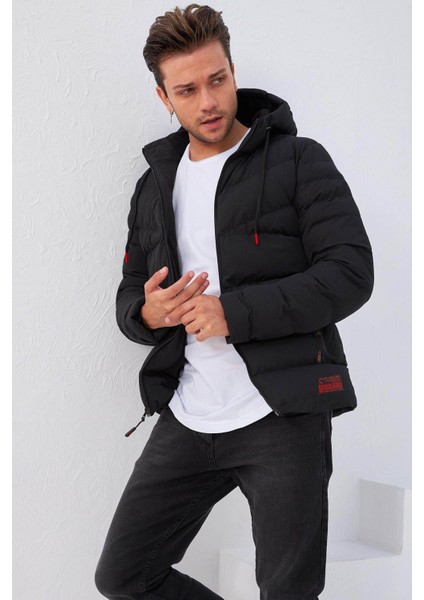 Su ve Rüzgar Geçirmez Kapüşonlu Şişme Siyah Erkek Mont 2158