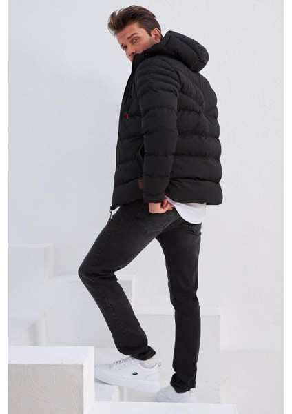 Su ve Rüzgar Geçirmez Kapüşonlu Şişme Siyah Erkek Mont 2158 modelleri