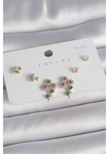 Pirinç Gold Renk Renkli Zirkon Taşlı Çiçek Model Yaprak Detay 925 Ayar Gümüş Çivi Kadın Küpe Seti - Lisinya