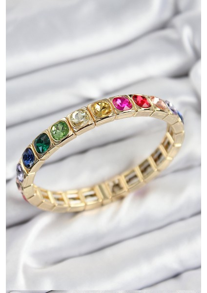 Pirinç Karışık Zirkon Taşlı Kare Model Gold Renk Lastikli Kadın Bileklik - Lisinya