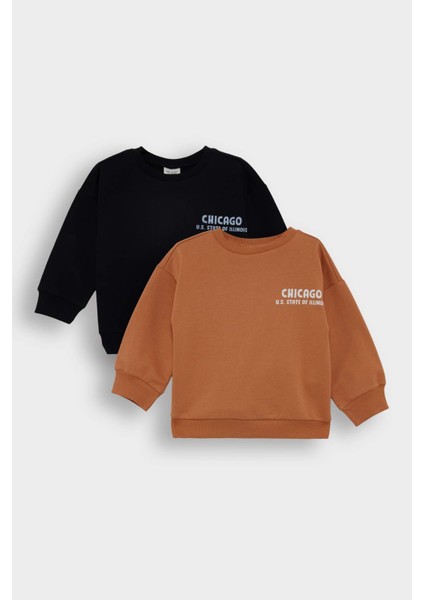 Erkek Bebek Bisiklet Yaka Baskılı İçi Yumuşak Tüylü 2'li Sweatshirt F0955A525AU