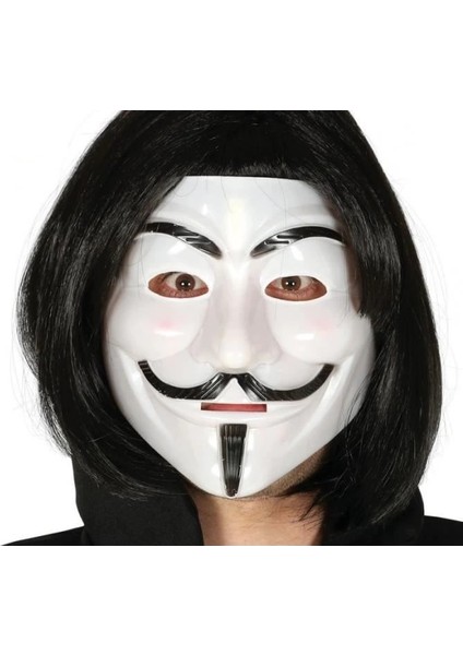Siyah Renk Takma Kısa Saç ve V For Vendetta Maskesi Anonymous Maskesi - Lisinya
